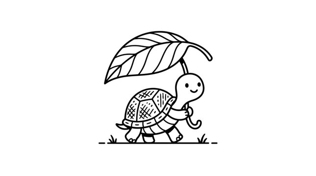 A smiling turtle walks under a leaf, enjoying the outdoors in a natural setting.