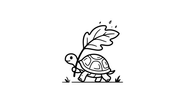 A turtle walks slowly with a leaf in its mouth on grassy ground in a natural setting from a side viewpoint.