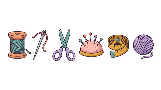 Hand-drawn sewing kit icons set, colorful tailoring tools collection on white background, vintage craft and needlework equipment illustrations