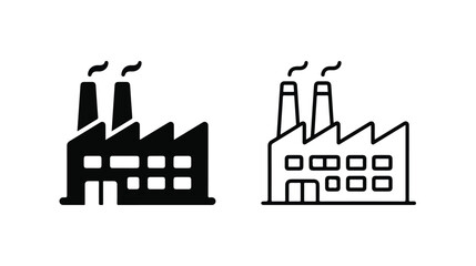 Obraz premium Industrial factory building icons, black silhouette and outline manufacturing plant symbols, power station with smoking chimneys vector set