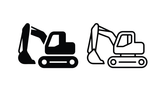 Excavator icon set in solid and outline styles, heavy construction machinery vector, industrial digging equipment for building site projects