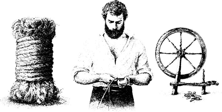 Black and white stipple drawing of a ropemaker working with a large coil and spinning wheel for vintage poster and background design
