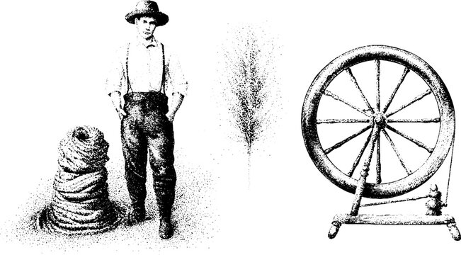 Black and white stipple drawing of a ropemaker standing with hemp coil and spinning wheel for vintage banner and background design