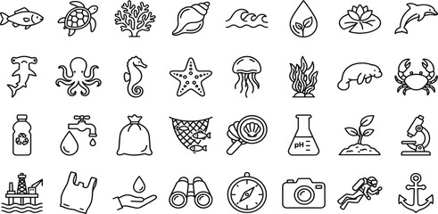 Marine Life and Ocean Science Line Icon Set Featuring Sea Animals Environment Protection Conservation Elements for Websites Apps and Educational Designs © MdSirazul