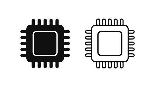 Computer chip icon set, electronic processor microchip vector symbols, minimalist CPU hardware components for technology interface design