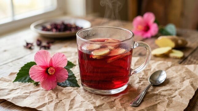 A steaming glass mug filled with bright red hibiscus tea and sliced fresh ginger root rests on crumpled brown paper on a rustic wooden table