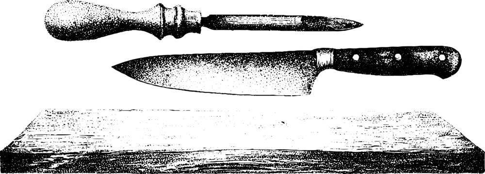 Black and white stipple illustration of knives and wood board showing carving tools for design and craft backgrounds