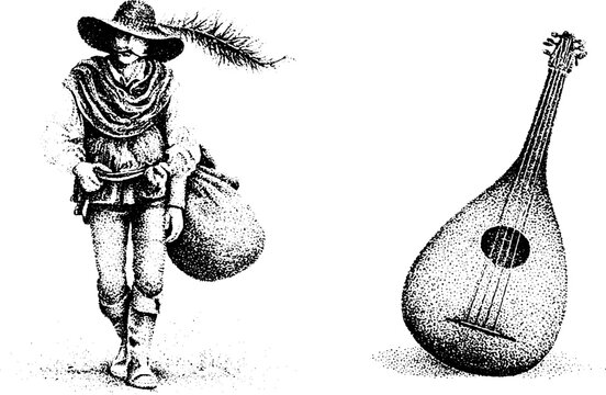 Stippled wandering minstrel with wide hat and lute drawing for vintage poster or storytelling background design