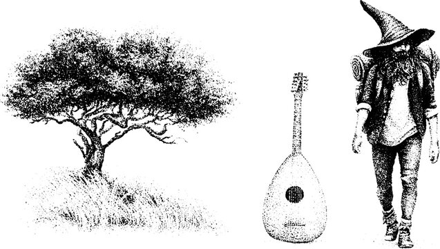 Black and white stippled tree lute and wandering bearded minstrel in cloak drawing for fantasy background or book cover design