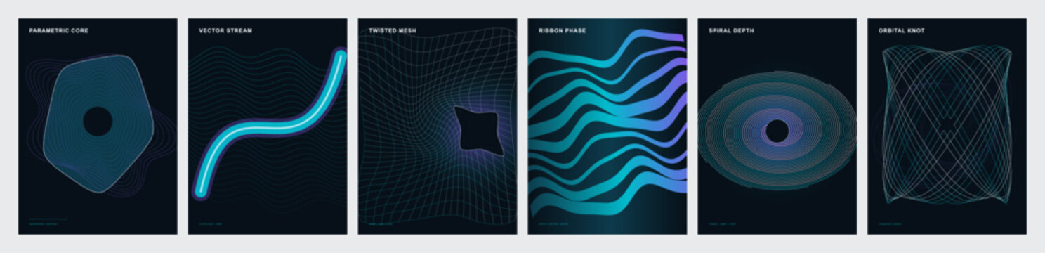 Futuristic abstract posters with glowing blue neon waves, set of 6 dark digital art covers, geometric synthwave backgrounds for techno music events