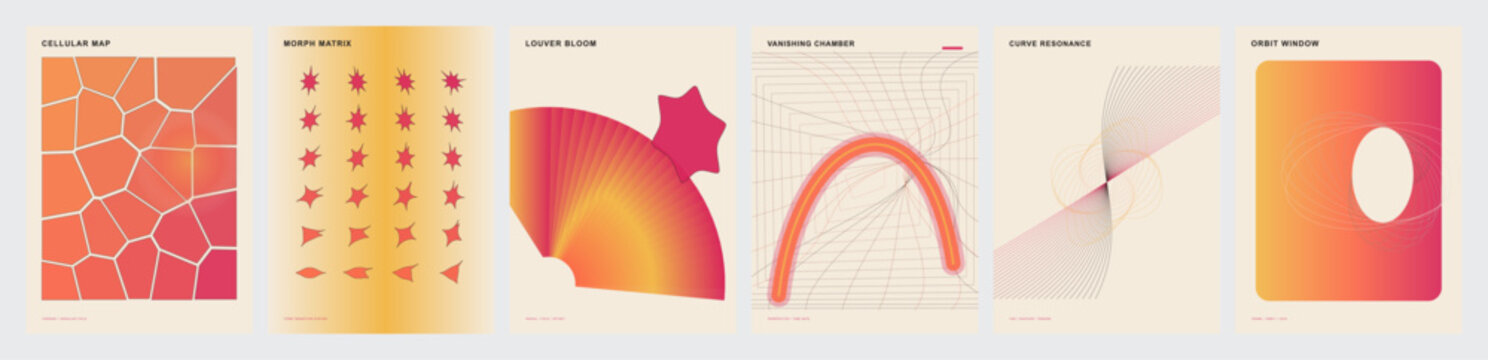 Retro abstract poster collection with grainy gradients, set of 6 minimalist vector backgrounds, warm orange and pink geometric art prints