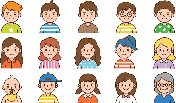 Cute Cartoon Family Avatar Characters Collection with Children Adults Baby and Senior Vector Icons