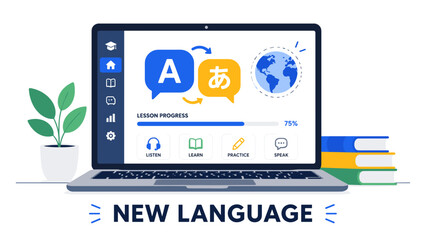 Laptop displays language learning interface. Speech bubbles show A and, symbolizing translation. Global icon hints at international language study. Progress bar lesson completion © LarisaM