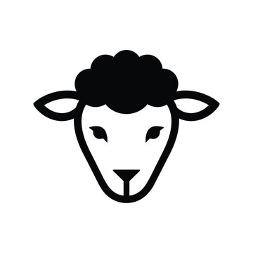 Sheep face icon with woolly rounded fleece, horizontal ears and narrow muzzle in a bold black and white farm animal portrait