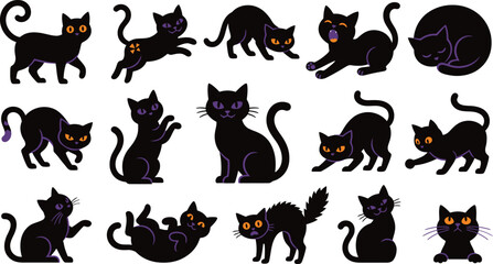 Fototapeta premium Collection of silhouetted black cats with glowing eyes for halloween designs and spooky decorations