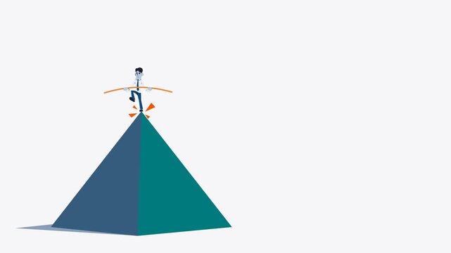 Animated cartoon businessman balancing on top of a pyramid holding a pole, vector loop concept representing risk management, crisis control, business challenge, and strategic decisions.
