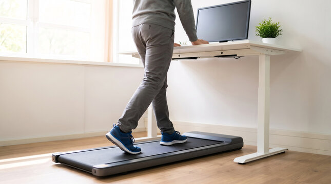 Person walking on under-desk walking pad treadmill positioned beneath standing desk