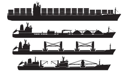 Obraz premium Black silhouettes of various commercial cargo ships, freight transport vessels, and container ships for logistics and shipping industry