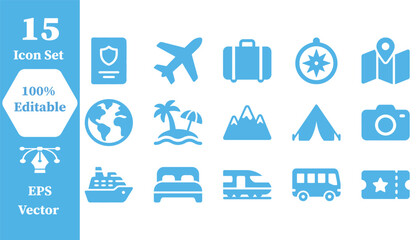 Tourism and travel themed blue icon set with a set of flat blue icons © Abu Sufian