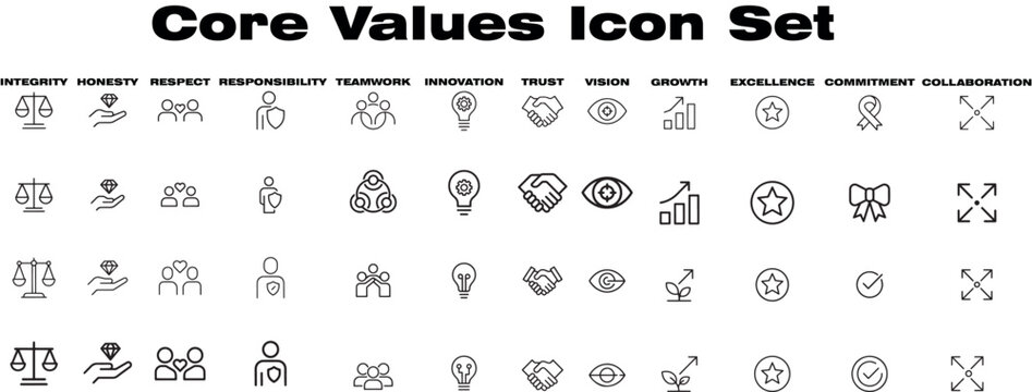 Core Values icon set. Ethics and business principle related line icons. integrity, honesty, respect, responsibility, teamwork, innovation, trust, vision and more. Editable stroke