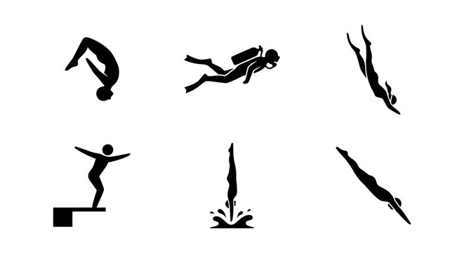 Diving Icons Set: Scuba Diver, Acrobat, Springboard Jumper, Silhouette Collection