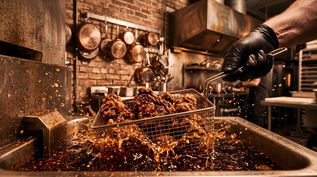 ​Chef Lifting Crispy Fried Chicken in Wire Basket from Deep Fryer Commercial Kitchen
