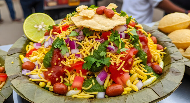 Street food snack known as bhel puri is served in a traditional dried leaf bowl for a quick meal.