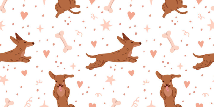 Cute seamless dachshund pattern with hearts, bones, paw prints and stars on white background. Adorable pet design for nursery, fabric and wrapping. Flat vector illustration.