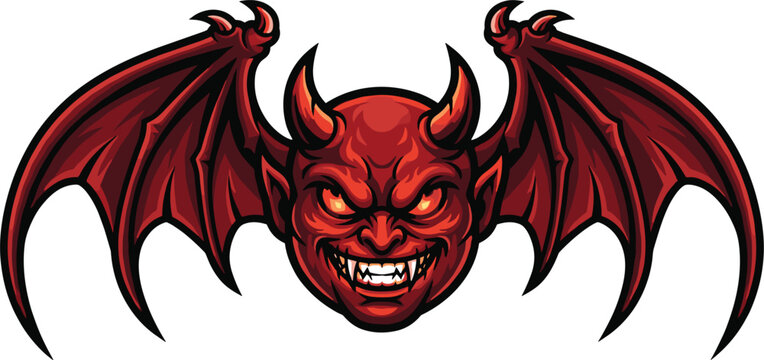 Angry Red Devil Face Vector Mascot Featuring Sharp Horns Vampire Fangs and Large Bat Wings for Halloween and Gaming Team Logo Designs