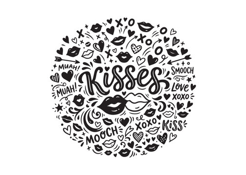 Black and white illustration of kisses and love themed icons in a circle design