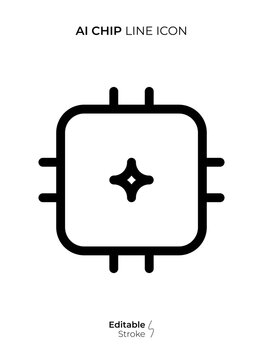 AI Chip Line Icon, Editable Stroke Artificial Intelligence Microchip Outline Vector