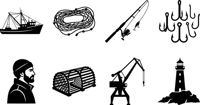 Black Silhouette Fishing Equipment Vector Icon Set Featuring Boat Net Rod Hooks Fisherman Fish Trap Lighthouse Harbor Crane Marine Collection Industry