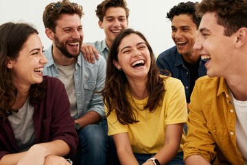 Obraz premium Group of friends laughing together in casual indoor setting