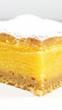 Lemon bar dessert rotating to show thick citrus curd layer and shortbread crust with sugar dusting