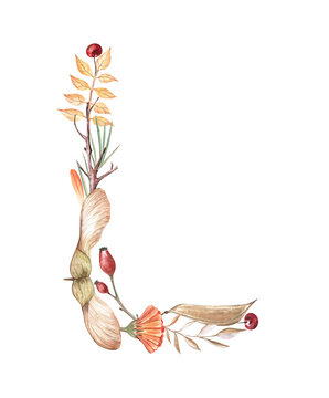 Alphabet capital letter L created from autumn leaves, maple seeds, berries, and flowers. Hand-drawn watercolor illustration on transparent background. For letter cards, stickers, customization