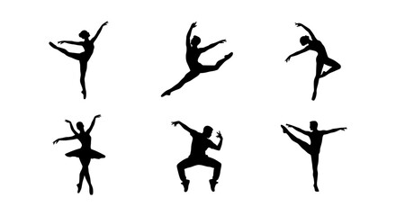 Ballerina silhouette set of 6 vector icons, ballet dancer poses, elegant dance performance figures © MR