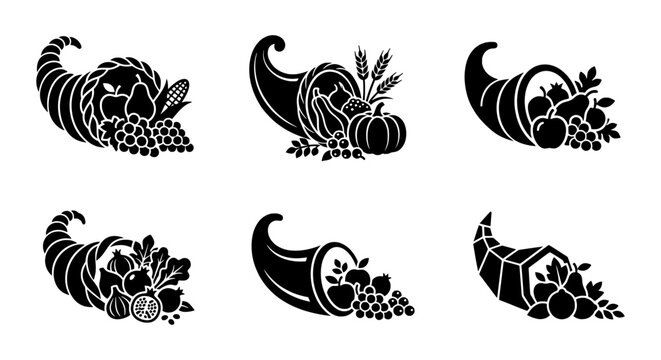 Thanksgiving cornucopia icons, horn of plenty vector set, autumn harvest fruit and vegetable symbols