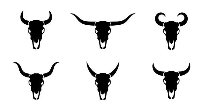Bull skull silhouettes set, longhorn cattle head icons, 6 western steer bone vector illustrations