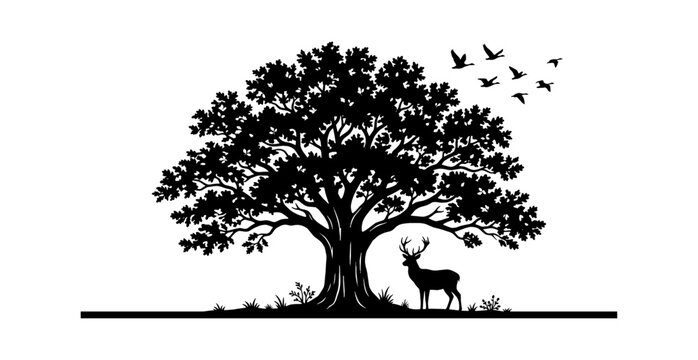 Deer standing under a tree with birds flying