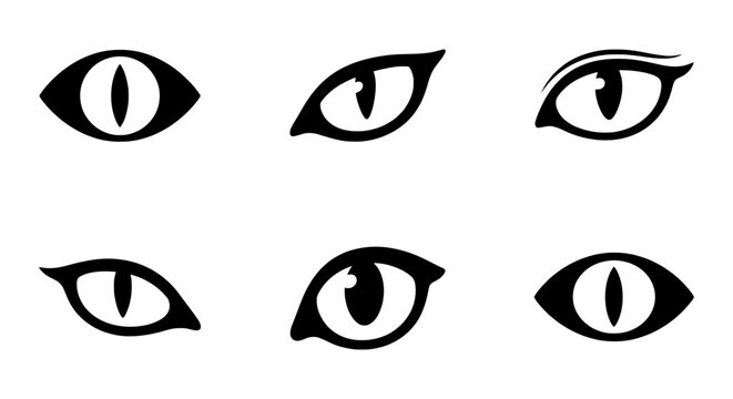Cat eye silhouette icons, 6 black feline eye vector set, predatory animal gaze graphic elements