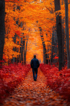 Man walking down forest path.