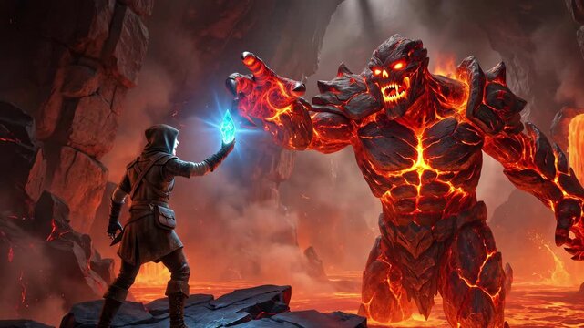 Adventurer confronting towering lava elemental and lava giant while heroic mage wizard wields