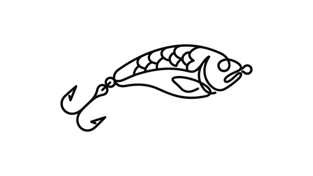 Minimalist single line drawing of a fishing lure with hooks