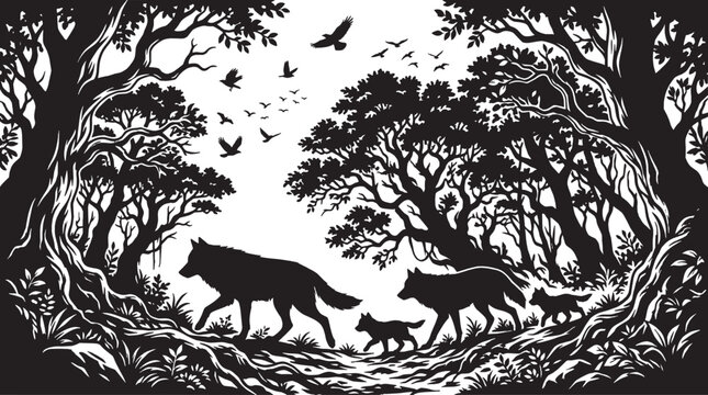 Black and white illustration of wolf and deer in a forest