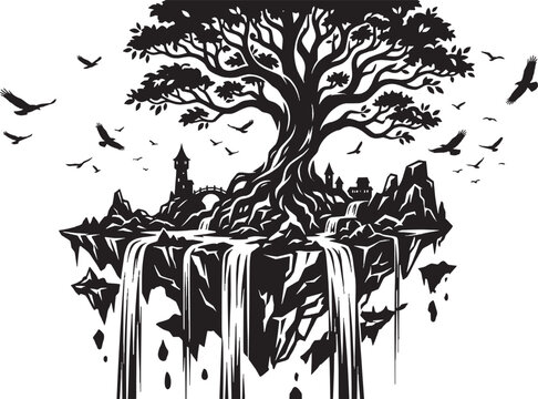 Black silhouette tree on cliff with birds flying