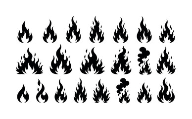 Naklejka premium Fire flame silhouette collection with many burning shapes, fire, flame, silhouettes, black, burn, heat, danger, campfire, icons,