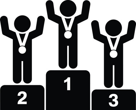 Stick figure pictogram of three winners with medals standing on a victory podium isolated on white background