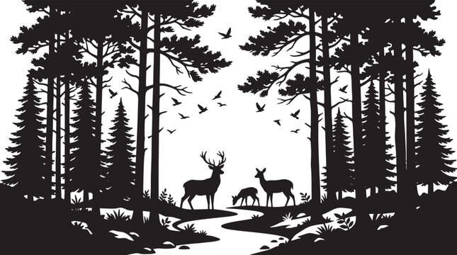 Black silhouette of deer in a forest with trees