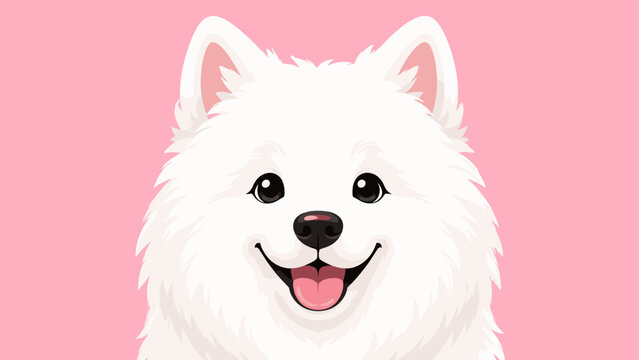 Adorable cartoon Samoyed dog with a big smile on a pink background