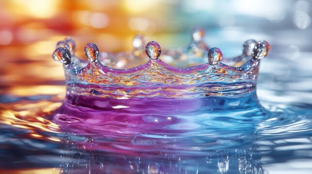 Splash crown photography colorful liquid droplet impact creating crown formation with water spikes vibrant purple blue gradient effects macro capture